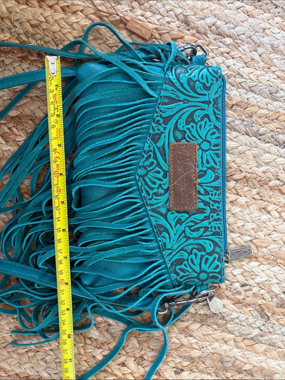 Tooled Fringe Crossbody Wallet in Teal by